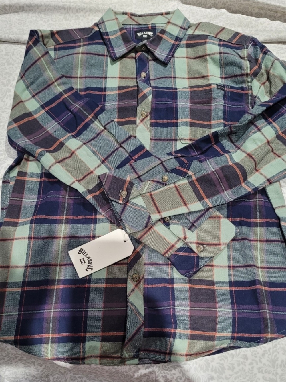 Billabong Mint Green and Navy Plaid Button-Down Shirt